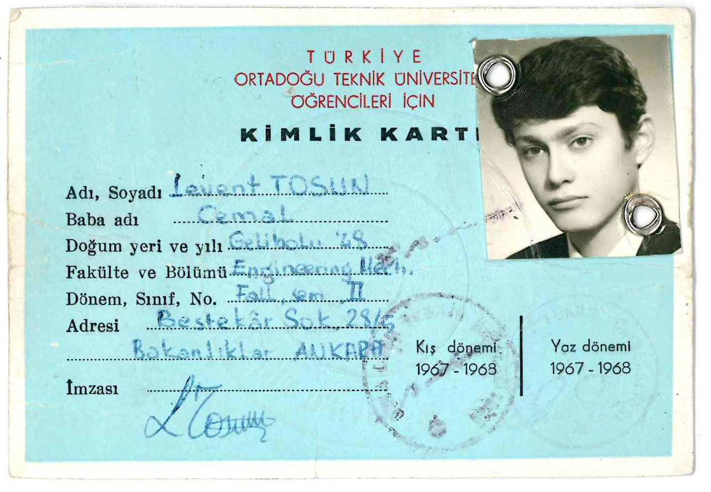 METU student ID card (1967-1968)