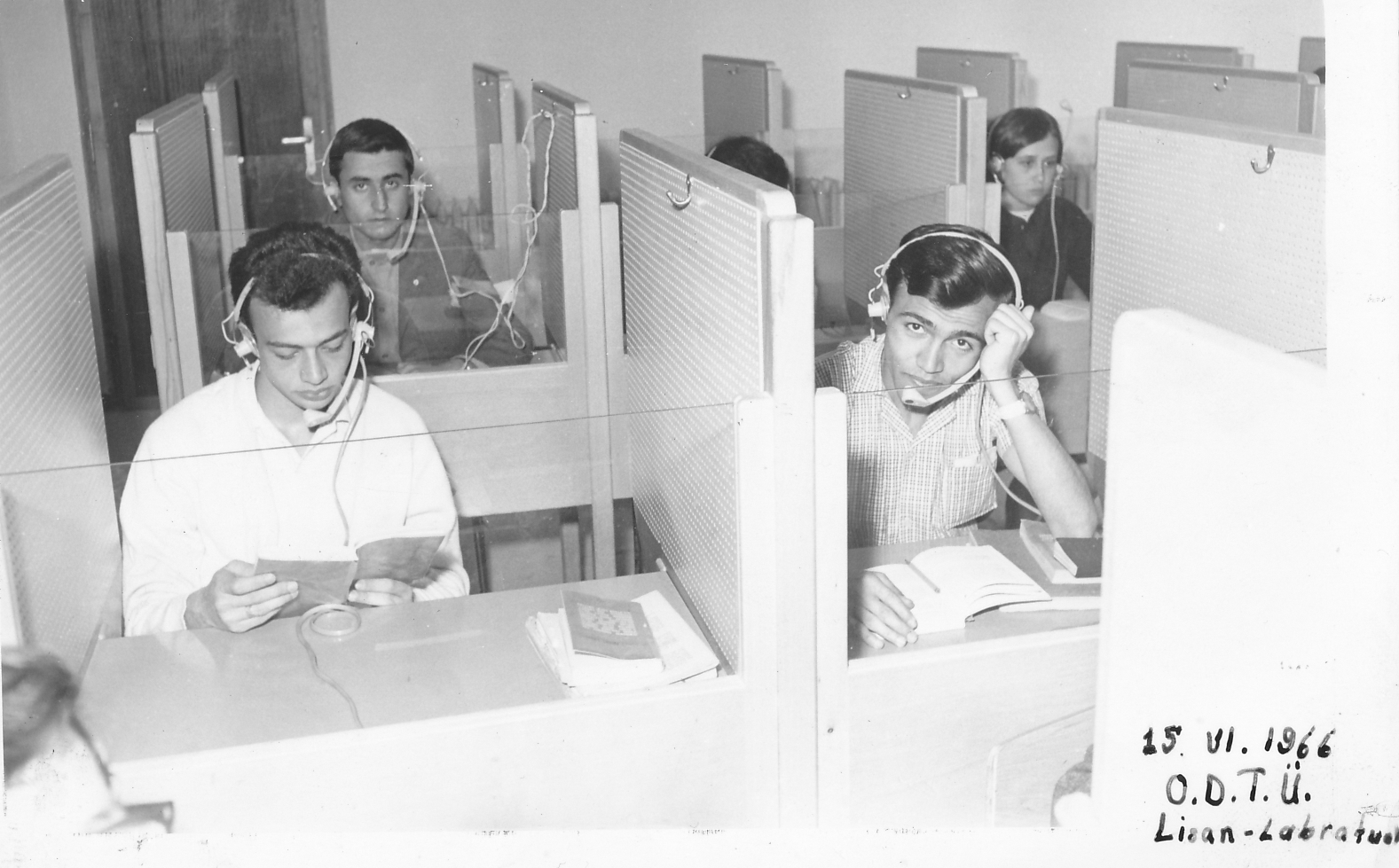 Students in the preparatory class listening laboratory, 1966