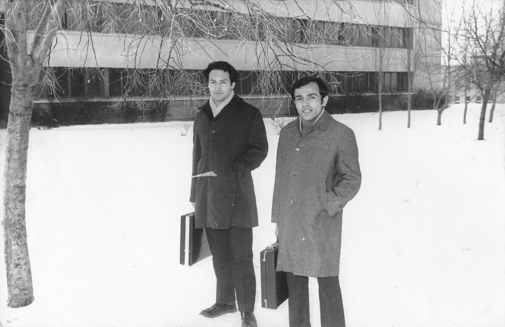 Students in front of the mathematics building on a winter day, 1968