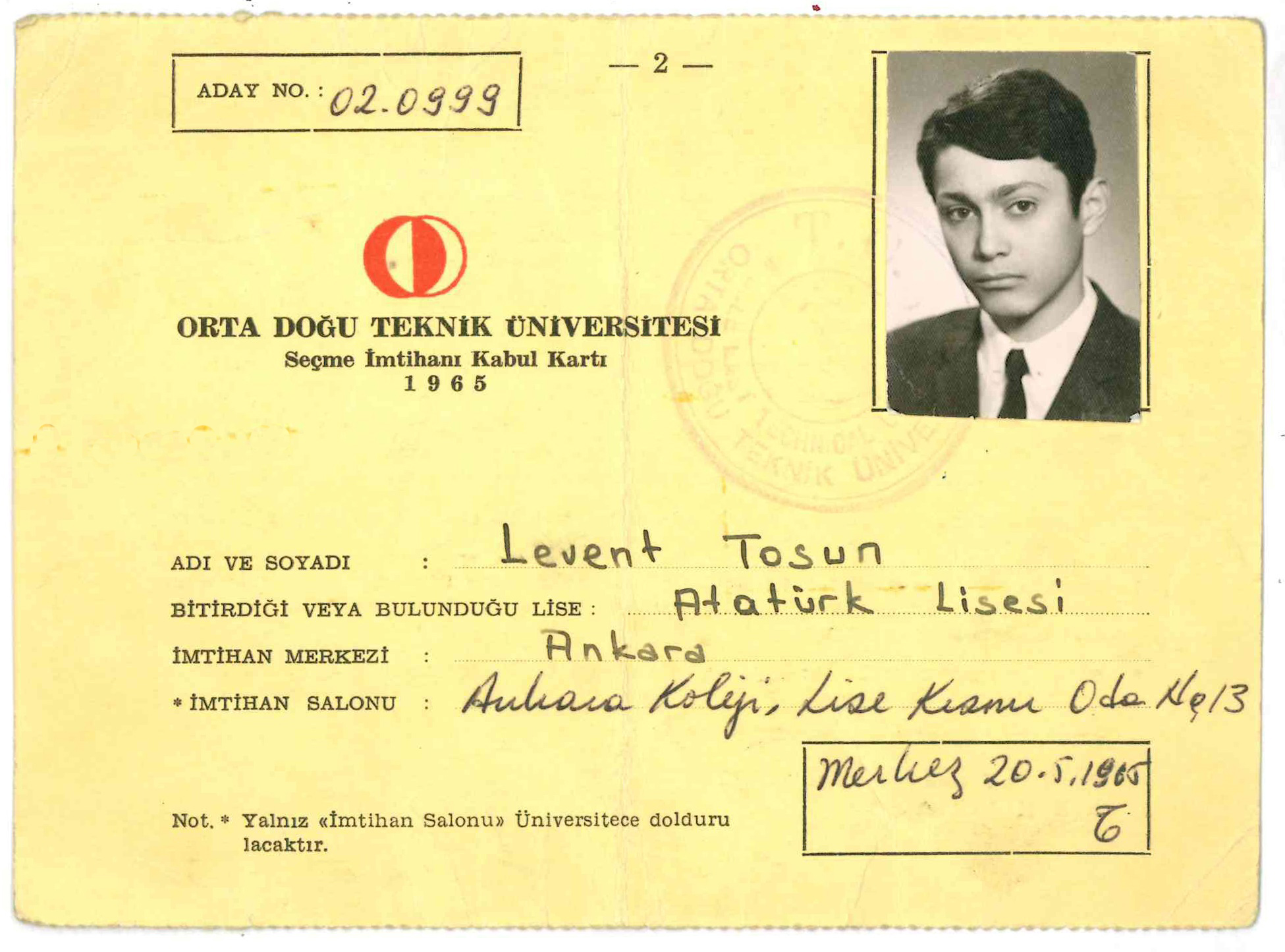 Middle East Technical University selection exam acceptance card (1965)