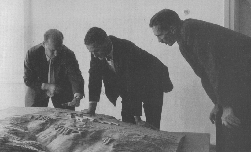 1957, Jakko Kaikkonen, Marvin Sevely and William Cox at the first campus model